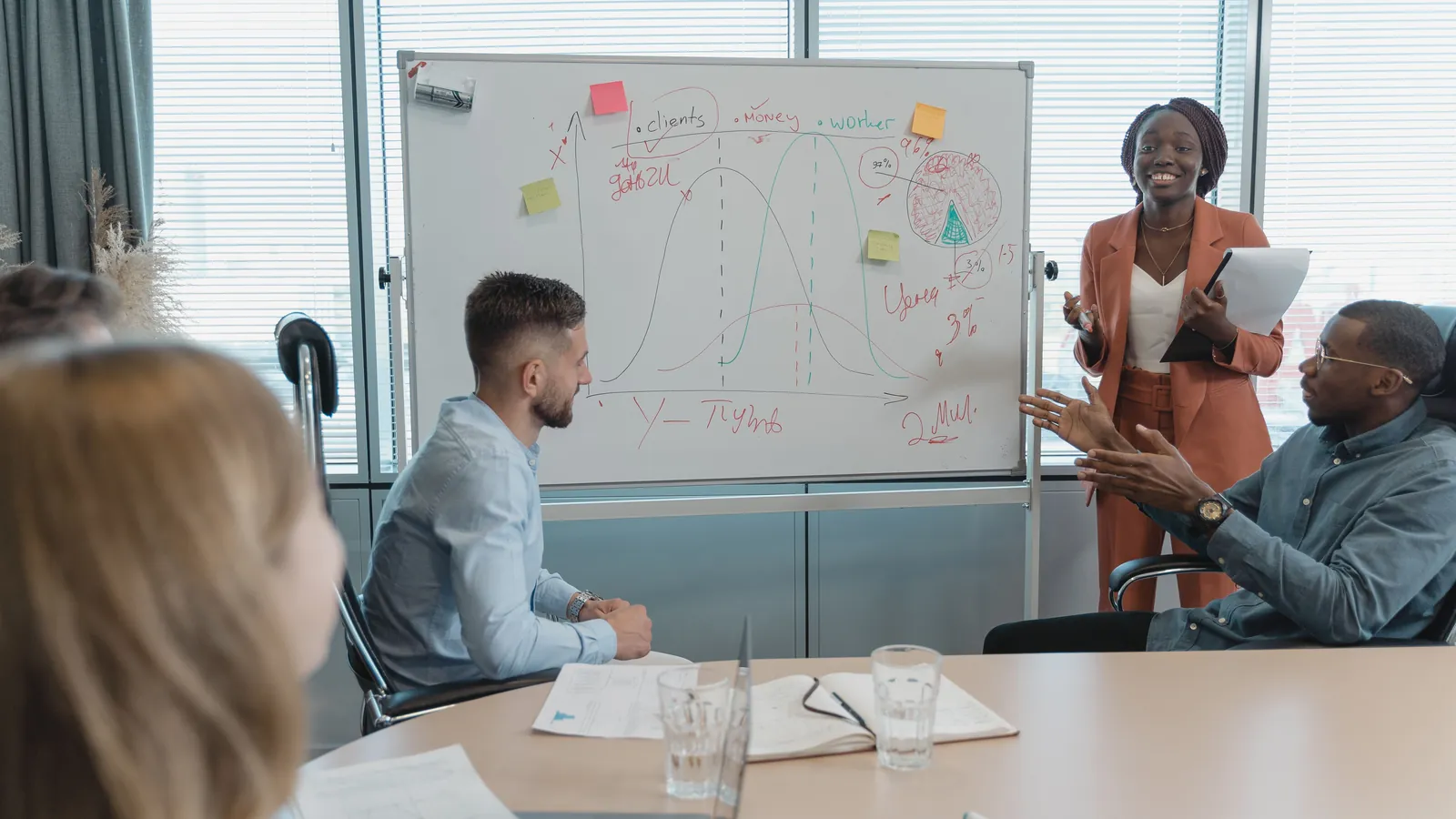 A manager giving instructions to a team of employees